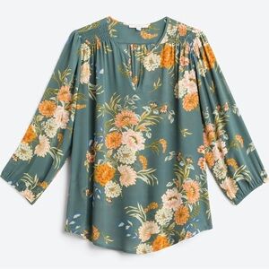 FUN2FUN Kinny Split Neck Smocked Shoulder Blouse 2X Teal Green